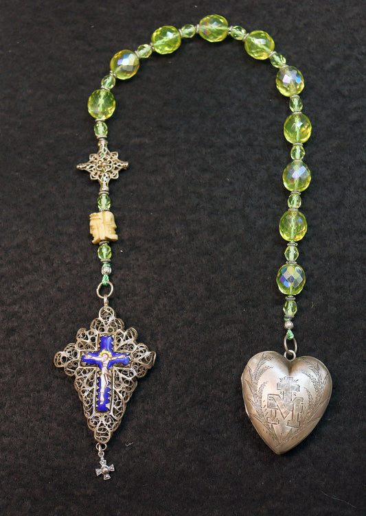 Late 19th Cent. 1 Decade Open Chaplet Uranium Glass & Sterling Silver w Janus Memento Mori and Enamel Reliquary Cross - Bavarian - Rare