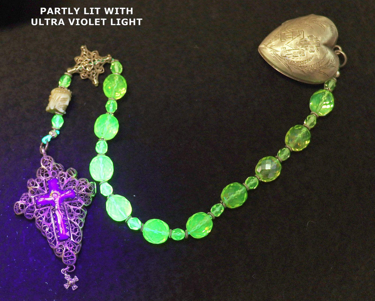 Late 19th Cent. 1 Decade Open Chaplet Uranium Glass & Sterling Silver w Janus Memento Mori and Enamel Reliquary Cross - Bavarian - Rare