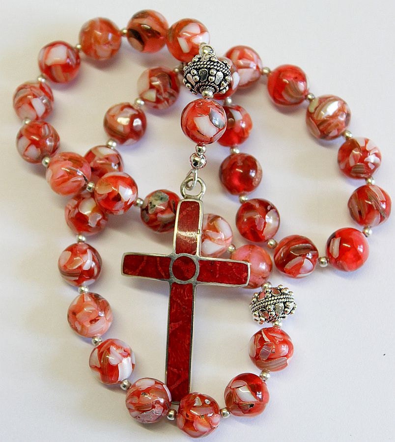 Beaded CHOTKI KOMBOSKINI : Mother-of-Pearl, Amber, Sterling and Coral - Russian and Greek Orthodox Rosary Beaded Tchotki Byzantine Rosary