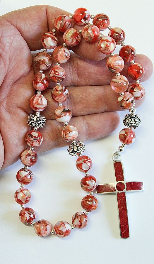 Beaded CHOTKI KOMBOSKINI : Mother-of-Pearl, Amber, Sterling and Coral - Russian and Greek Orthodox Rosary Beaded Tchotki Byzantine Rosary