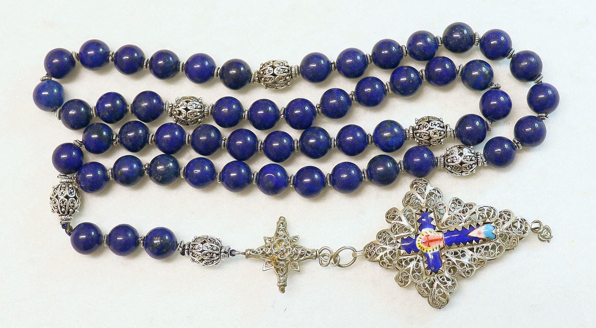 Filigree Large Catholic Rosary, Vintage Bavarian Biedermeier German Style , Lapis & Sterling, Credo and Reliquary Porcelain Inlay Crosses