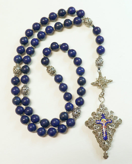 Filigree Large Catholic Rosary, Vintage Bavarian Biedermeier German Style , Lapis & Sterling, Credo and Reliquary Porcelain Inlay Crosses