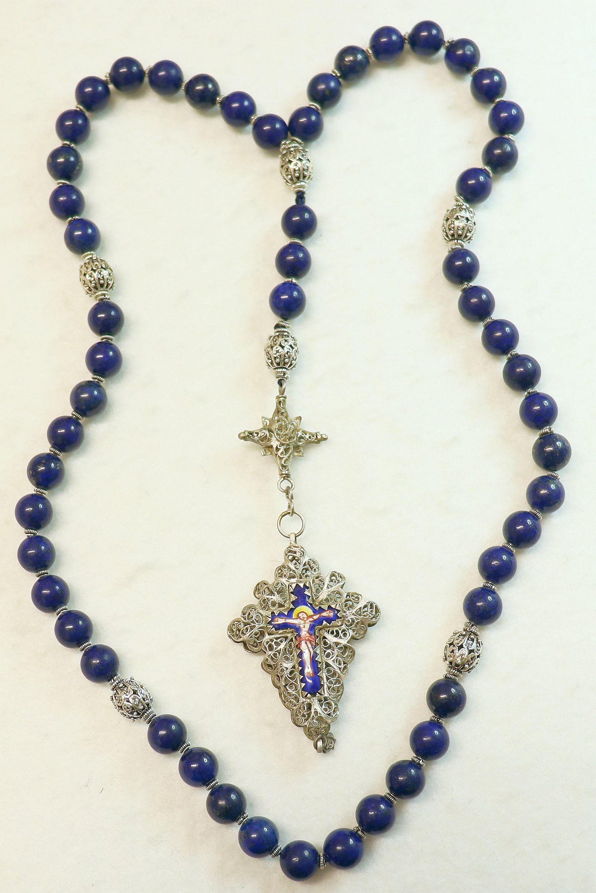 Filigree Large Catholic Rosary, Vintage Bavarian Biedermeier German Style , Lapis & Sterling, Credo and Reliquary Porcelain Inlay Crosses