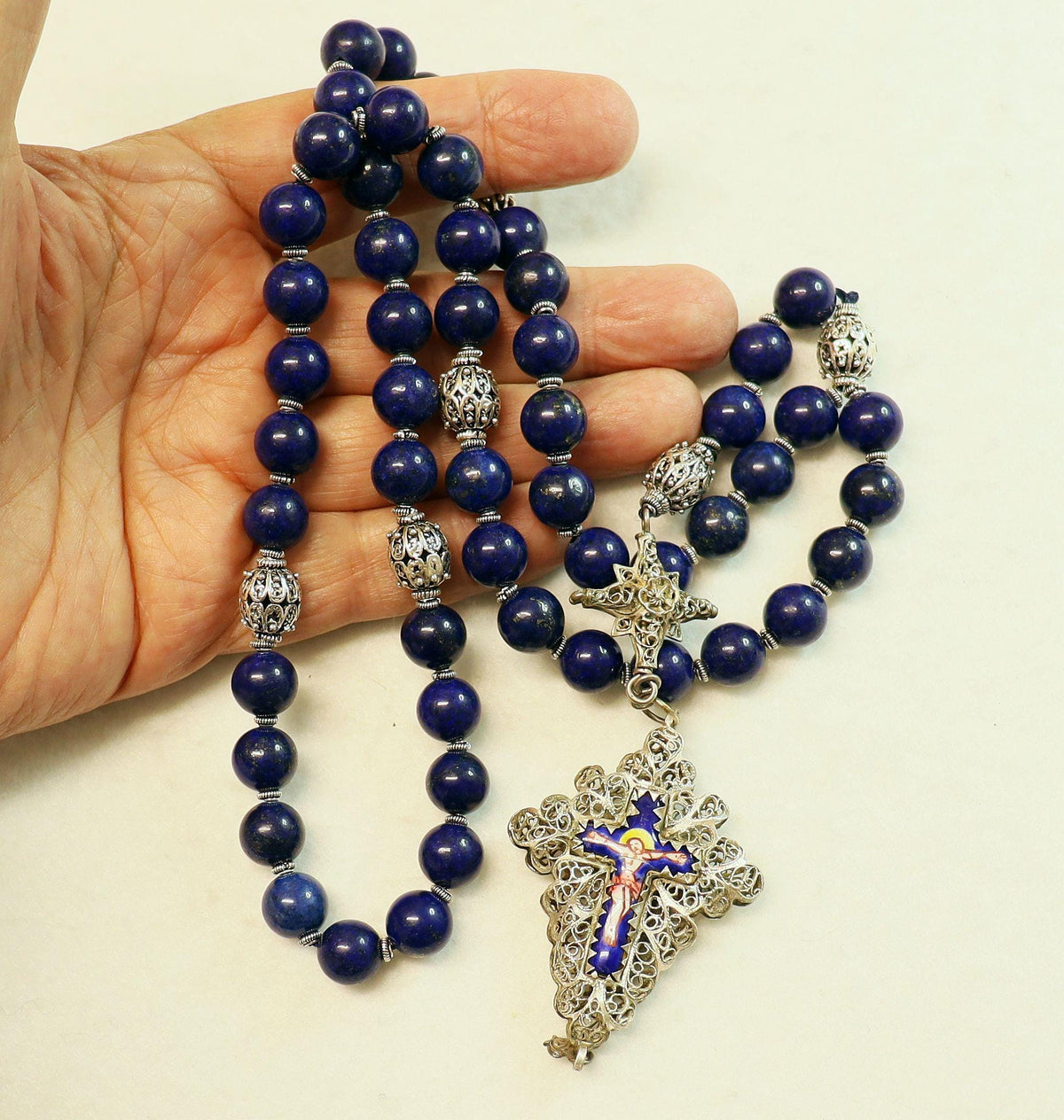 Filigree Large Catholic Rosary, Vintage Bavarian Biedermeier German Style , Lapis & Sterling, Credo and Reliquary Porcelain Inlay Crosses