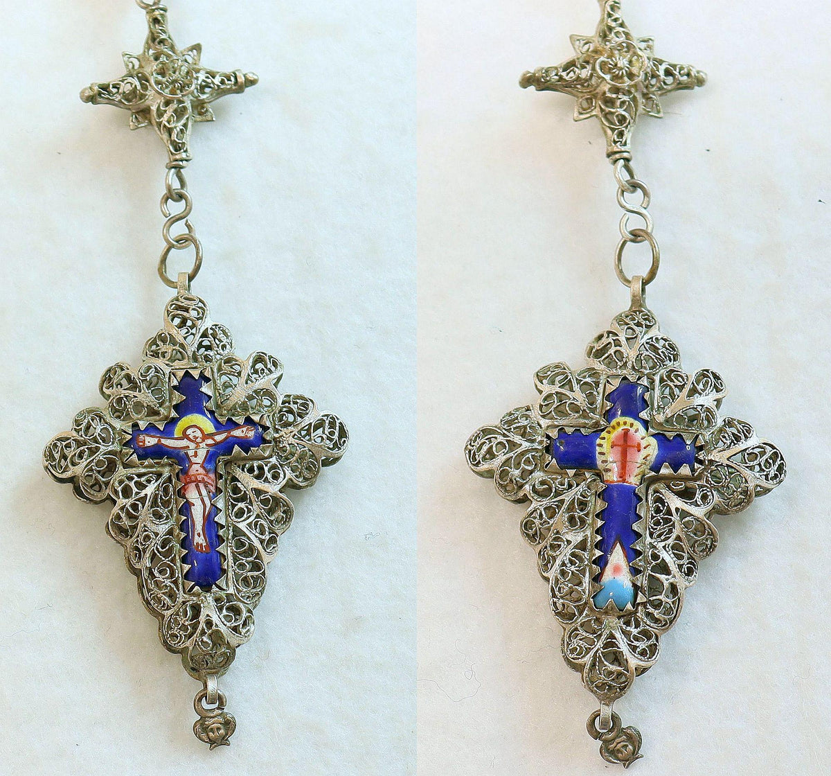 Filigree Large Catholic Rosary, Vintage Bavarian Biedermeier German Style , Lapis & Sterling, Credo and Reliquary Porcelain Inlay Crosses