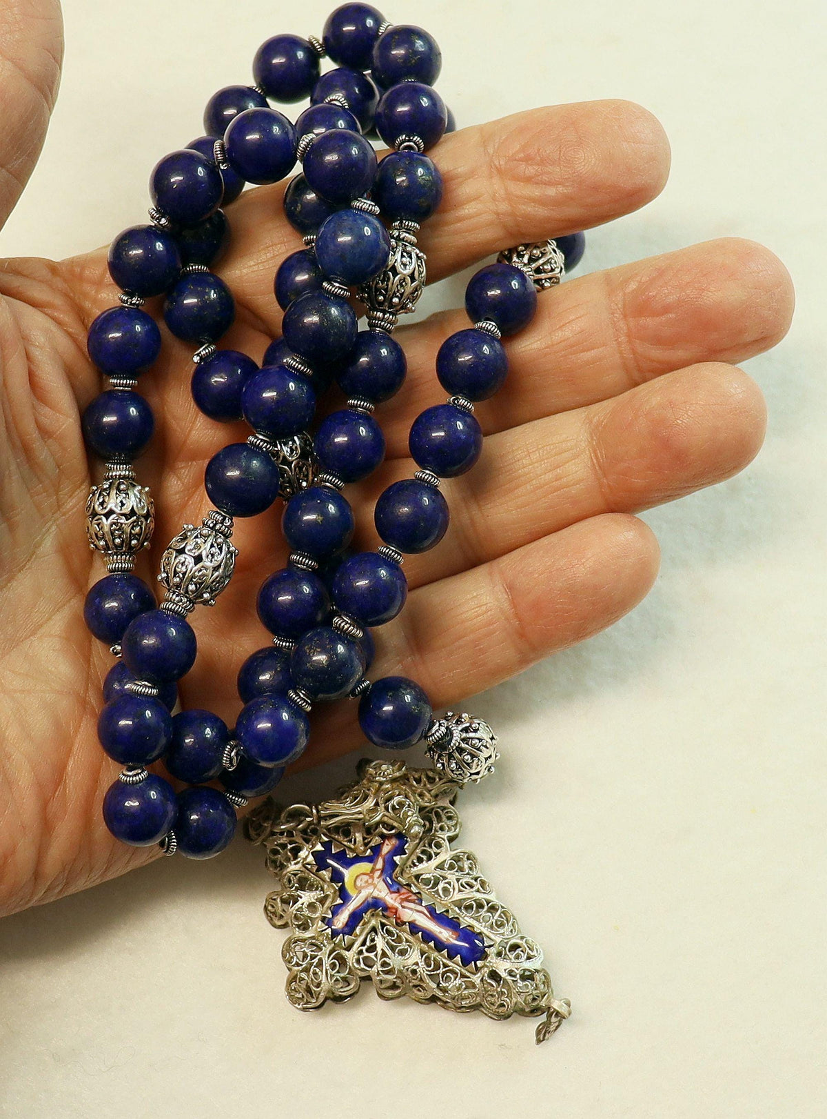 Filigree Large Catholic Rosary, Vintage Bavarian Biedermeier German Style , Lapis & Sterling, Credo and Reliquary Porcelain Inlay Crosses