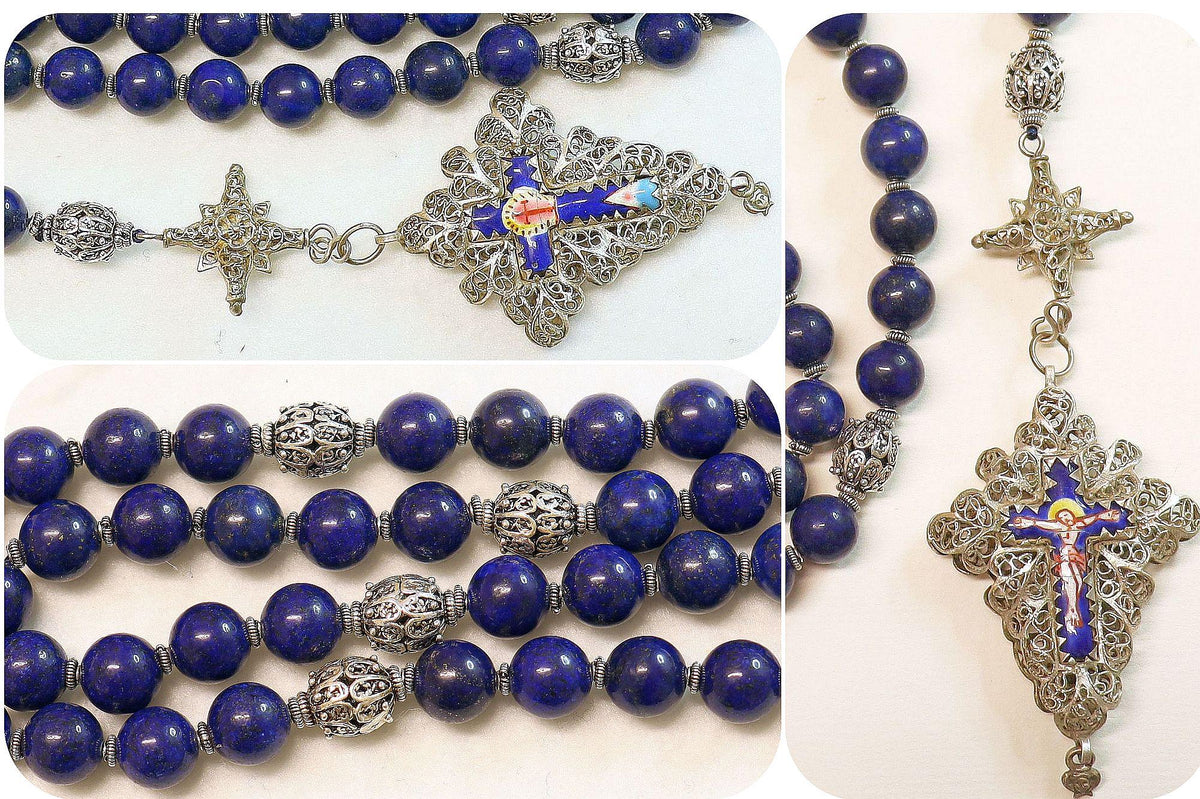 Filigree Large Catholic Rosary, Vintage Bavarian Biedermeier German Style , Lapis & Sterling, Credo and Reliquary Porcelain Inlay Crosses