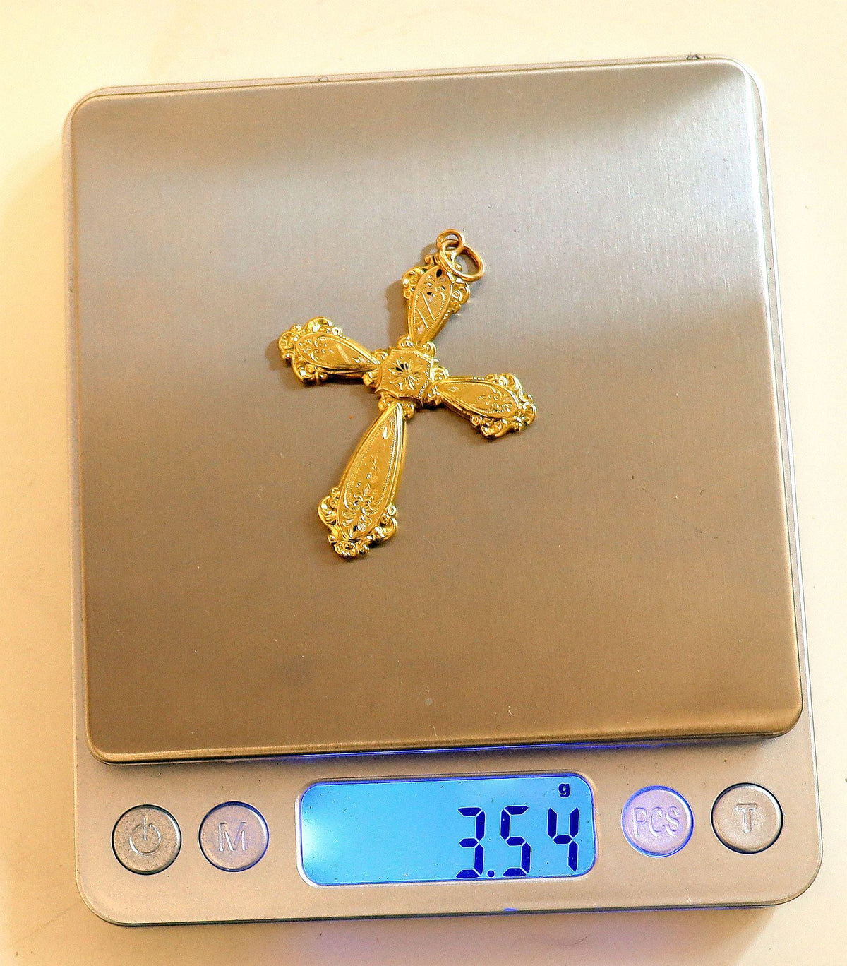 Solid 18K Gold Art Nouveau Antique Cross Pendant, Fineley Engraved - Late 19th Century - French