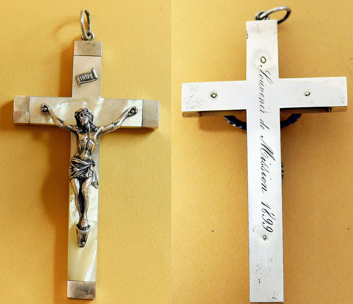 1899 Mission Souvenir Mother of Pearl and Sterling Silver, French, Large Pectoral Cross - Crucifix