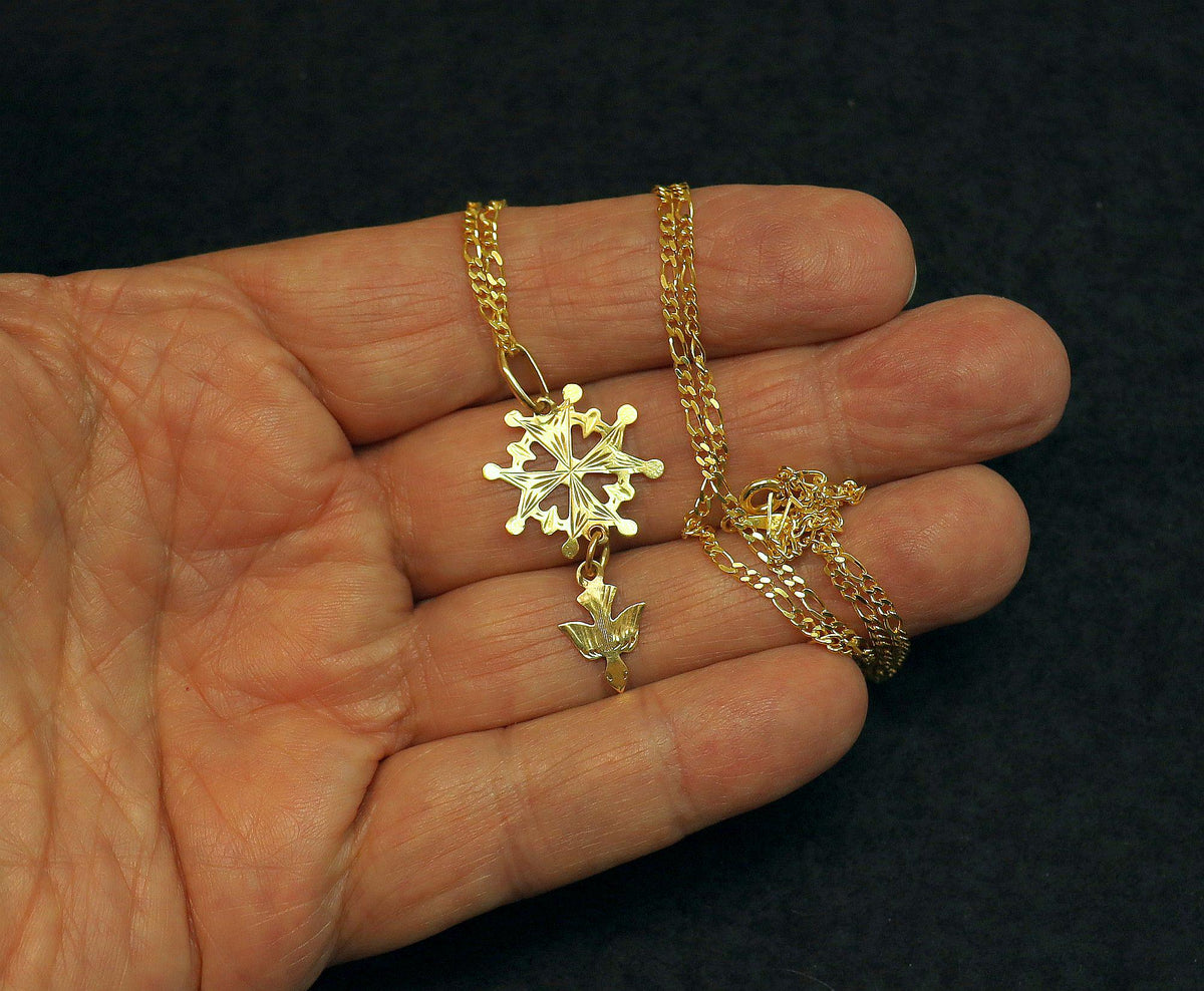 18 K Gold Huguenot Cross 1930 's Pendant Medal, French - Double sided - Pristine condition - With Vermeil Chain