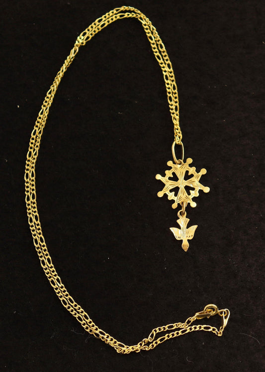 18 K Gold Huguenot Cross 1930 's Pendant Medal, French - Double sided - Pristine condition - With Vermeil Chain