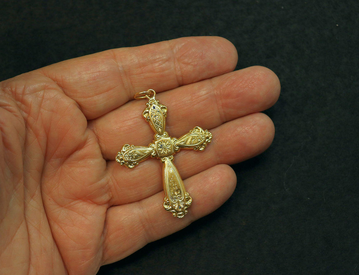 Solid 18K Gold Art Nouveau Antique Cross Pendant, Fineley Engraved - Late 19th Century - French