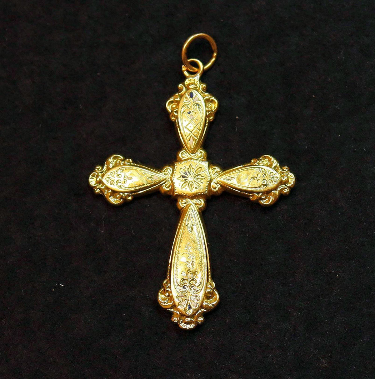 Solid 18K Gold Art Nouveau Antique Cross Pendant, Fineley Engraved - Late 19th Century - French