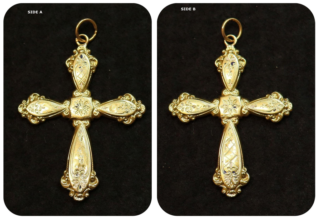 Solid 18K Gold Art Nouveau Antique Cross Pendant, Fineley Engraved - Late 19th Century - French