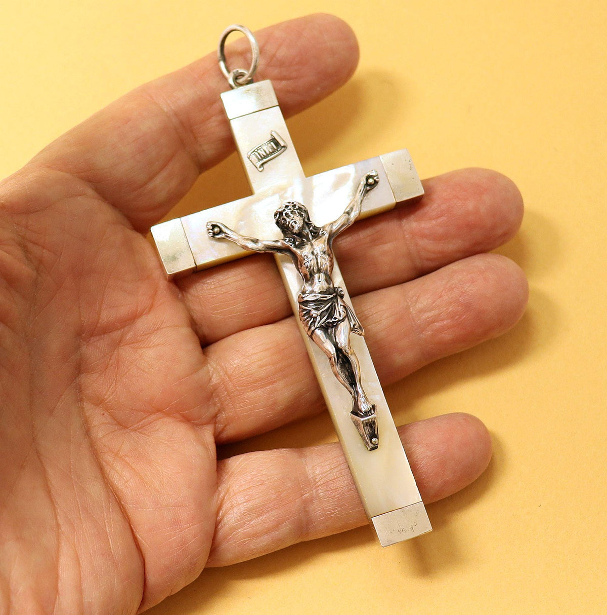 1899 Mission Souvenir Mother of Pearl and Sterling Silver, French, Large Pectoral Cross - Crucifix