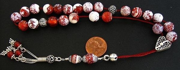 Greek Komboloi Fire Crackled Agate and Sterling Silver