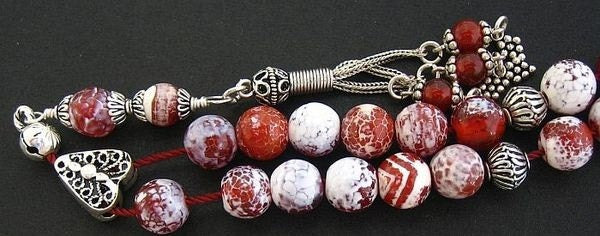 Greek Komboloi Fire Crackled Agate and Sterling Silver