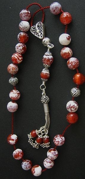Greek Komboloi Fire Crackled Agate and Sterling Silver