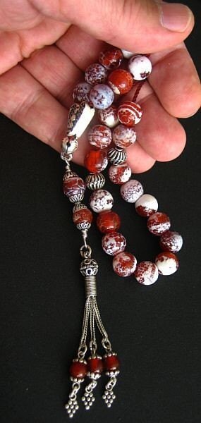 Greek Komboloi Fire Crackled Agate and Sterling Silver