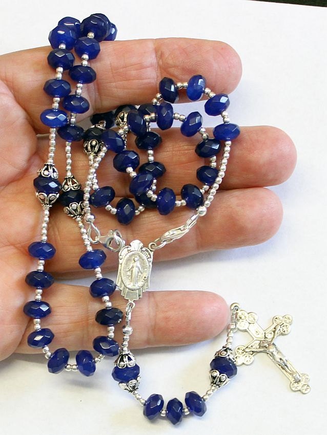 Wearable Catholic Rosary Faceted Genuine Sapphire and Sterling Silver