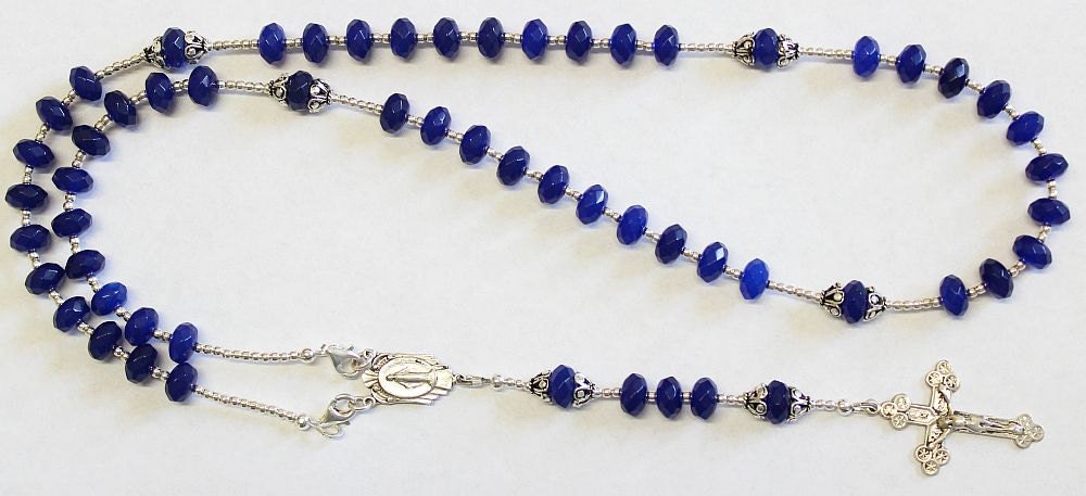 Wearable Catholic Rosary Faceted Genuine Sapphire and Sterling Silver