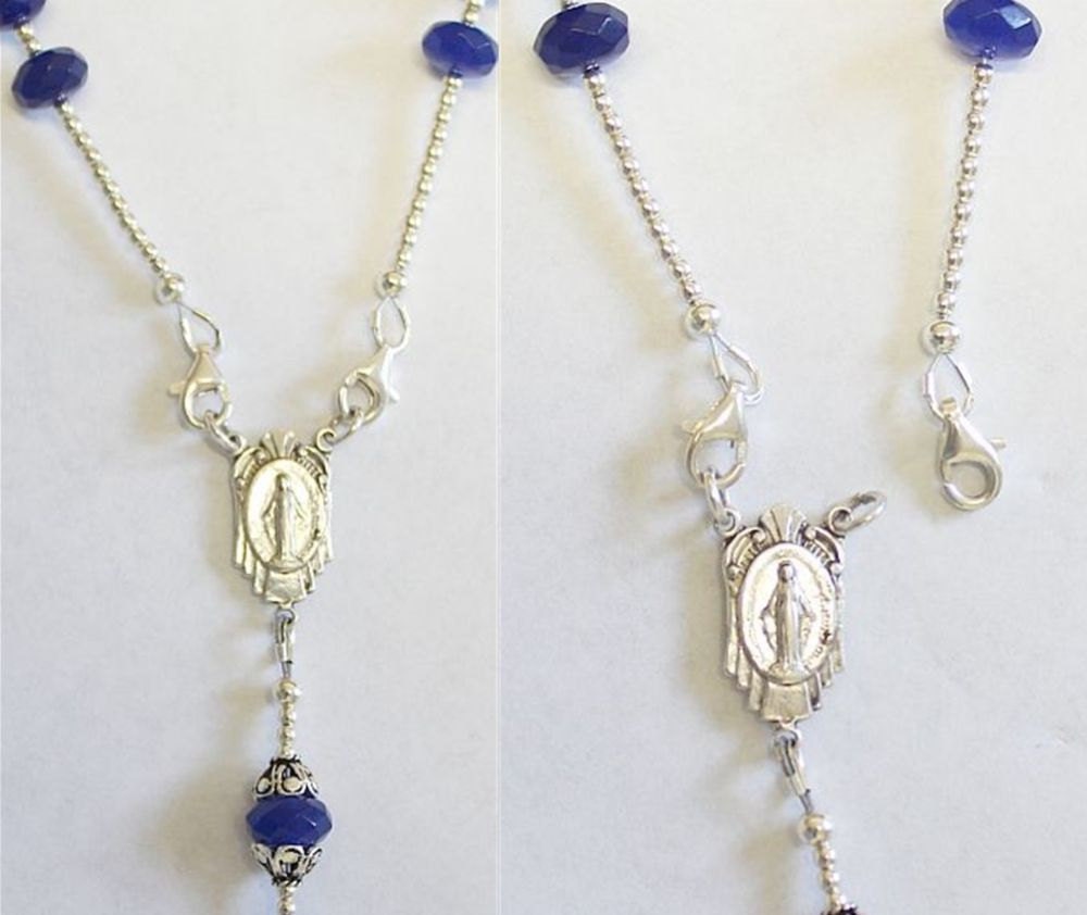 Wearable Catholic Rosary Faceted Genuine Sapphire and Sterling Silver