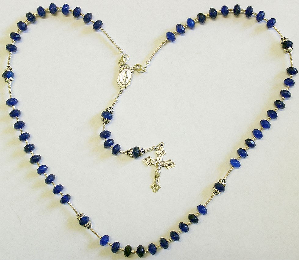 Wearable Catholic Rosary Faceted Genuine Sapphire and Sterling Silver