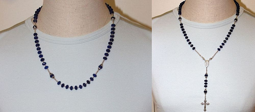 Wearable Catholic Rosary Faceted Genuine Sapphire and Sterling Silver