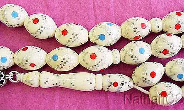 Vintage Prayer Beads Tesbih Gebetskette Silver Studded, Turquoise & Coral Inlaid Bone w sterling Tassel