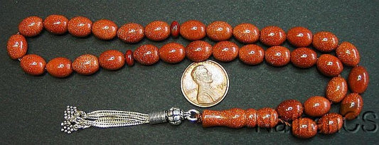 Brown Goldstone Prayer Beads: Sterling Silver Tassel Tesbih