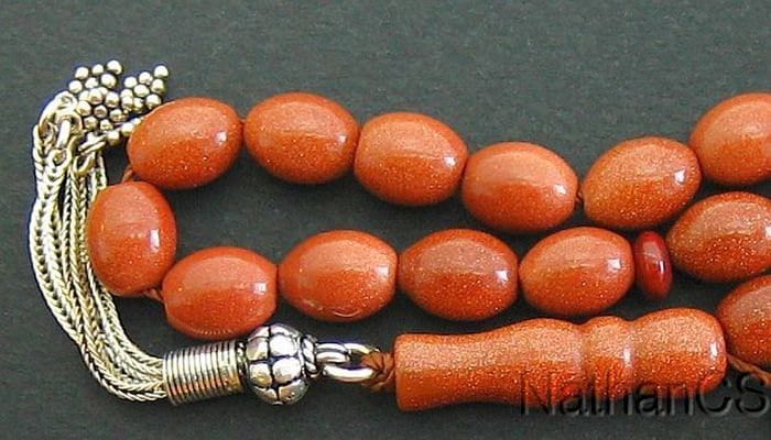 Brown Goldstone Prayer Beads: Sterling Silver Tassel Tesbih