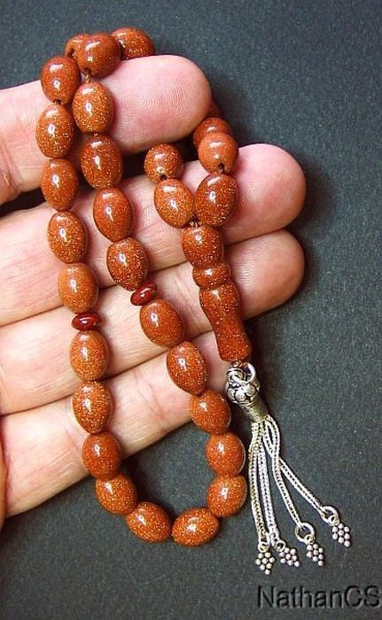 Brown Goldstone Prayer Beads: Sterling Silver Tassel Tesbih