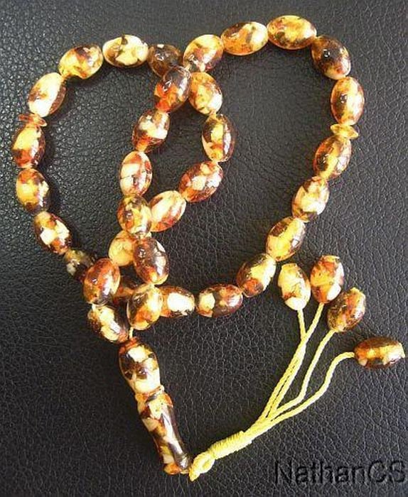 Prayer Beads Tesbih Gebetskette Real Cognac Amber + Mother of Pearl Fantastic New Material