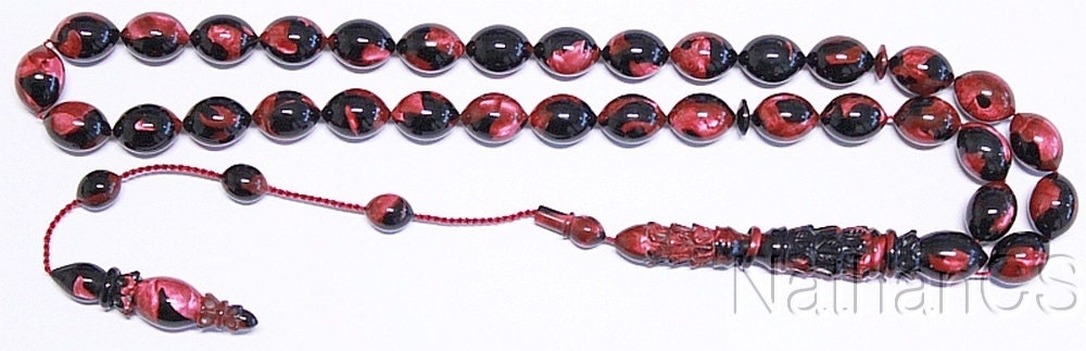 Prayer Beads Tesbih Black Fuschia Marbled Vintage Galalith -Exceptional Collector's
