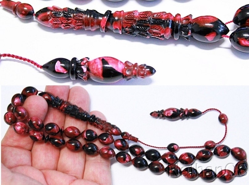 Prayer Beads Tesbih Black Fuschia Marbled Vintage Galalith -Exceptional Collector's
