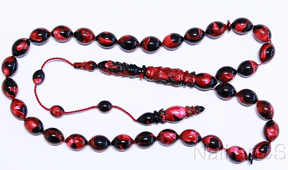 Prayer Beads Tesbih Black Fuschia Marbled Vintage Galalith -Exceptional Collector's