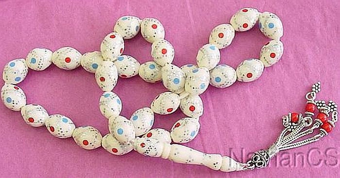 Vintage Prayer Beads Tesbih Gebetskette Silver Studded, Turquoise & Coral Inlaid Bone w sterling Tassel
