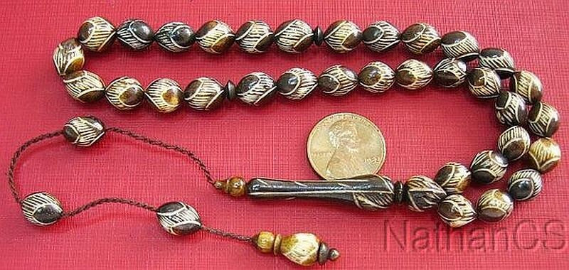 Vintage Prayer Beads Tesbih Gebetskette Camel Bone Oval Fine Ottoman Carving