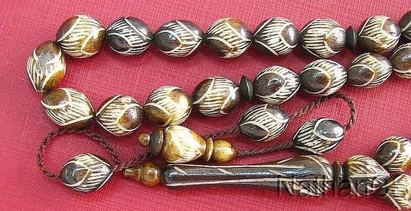 Vintage Prayer Beads Tesbih Gebetskette Camel Bone Oval Fine Ottoman Carving