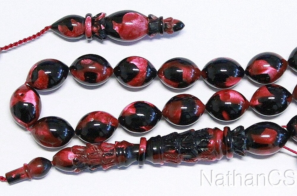 Prayer Beads Tesbih Black Fuschia Marbled Vintage Galalith -Exceptional Collector's