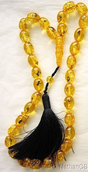 Prayer Beads Gebetskette Oval Amber Colored Resin With Insects in each Bead .