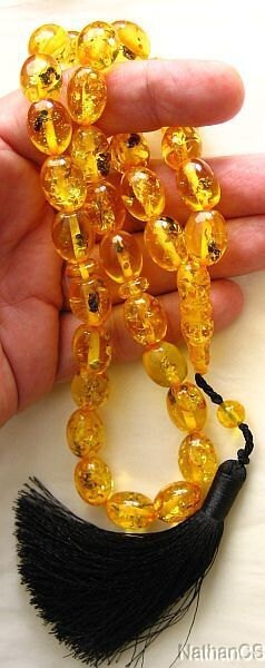 Prayer Beads Gebetskette Oval Amber Colored Resin With Insects in each Bead .