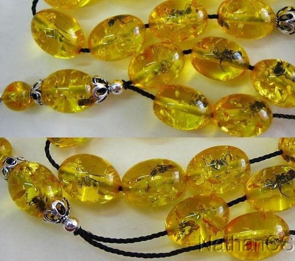 Greek Komboloi Oval Amber Colored Resin With Insects in each Bead and Sterling Silver