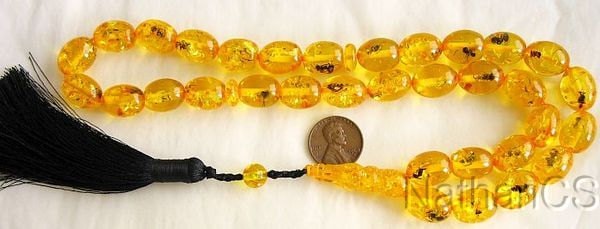 Prayer Beads Gebetskette Oval Amber Colored Resin With Insects in each Bead .