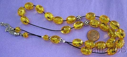 Greek Komboloi Oval Amber Colored Resin With Insects in each Bead and Sterling Silver