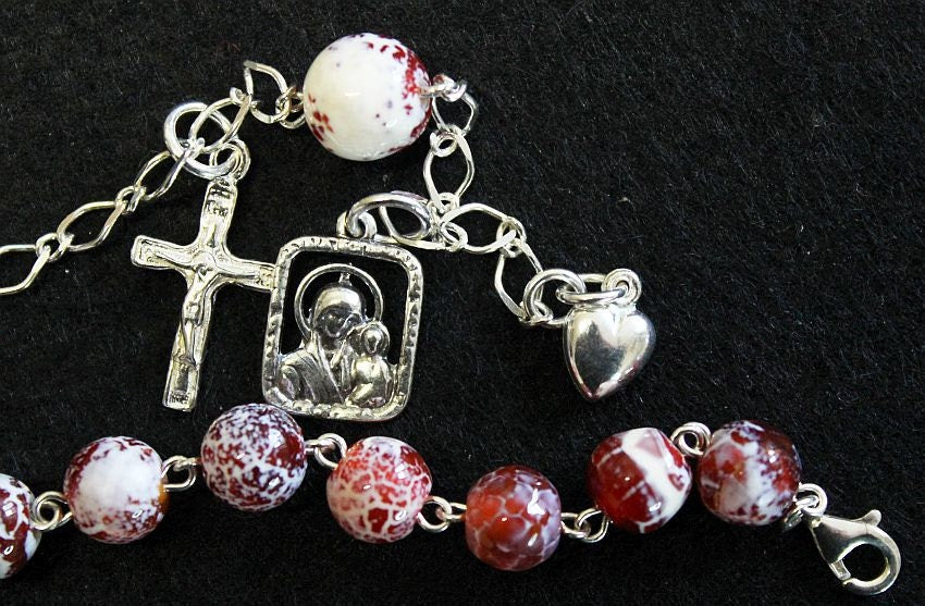 Catholic Rosary Bracelet Rosenkranz in Fire Crackled Agate an Sterling Silver