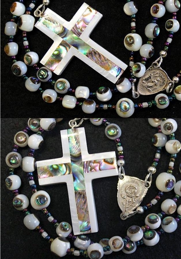 Catholic St Rita Rosary Troca Shell Inlaid w Paua Hand Made Beads - Unique