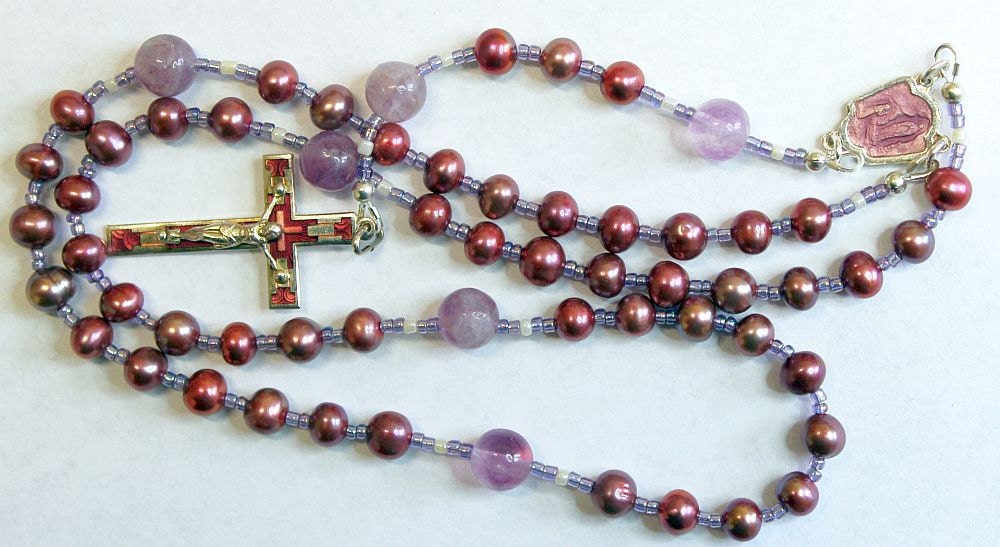 Catholic Rosary Rosenkranz Purple Pearls Amethyst and Vintage Enameled Center & Cross