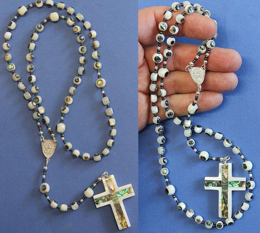 Catholic St Rita Rosary Troca Shell Inlaid w Paua Hand Made Beads - Unique