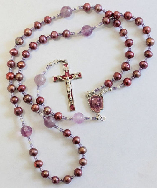 Catholic Rosary Rosenkranz Purple Pearls Amethyst and Vintage Enameled Center & Cross
